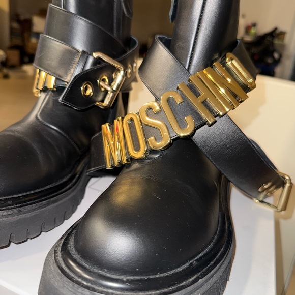 Moschino Black Moto Boots with Gold Accents - Picture 3 of 8